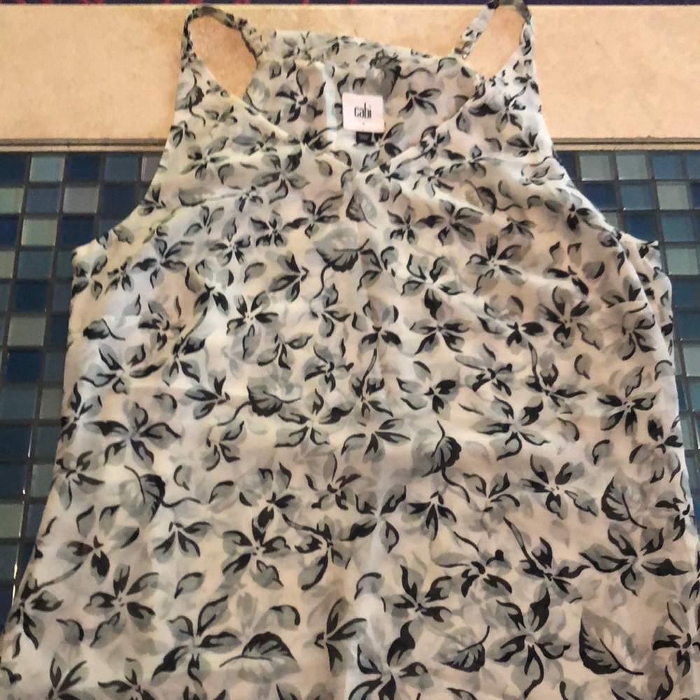 Cabi cami style top with black and grey floral pattern